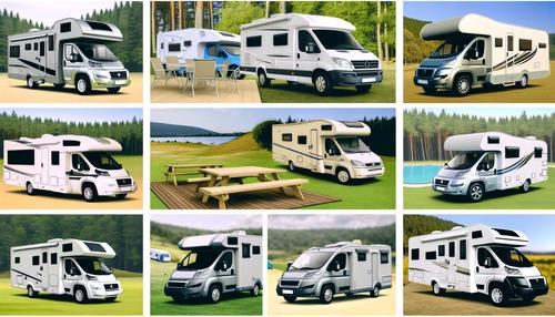 Collage of various camper vans and RVs parked in scenic outdoor settings.