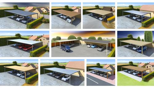 The image shows a variety of carports, each with different designs and colors, housing multiple vehicles in residential settings.