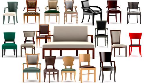 A variety of chairs and a sofa, each with unique designs, colors, and materials.