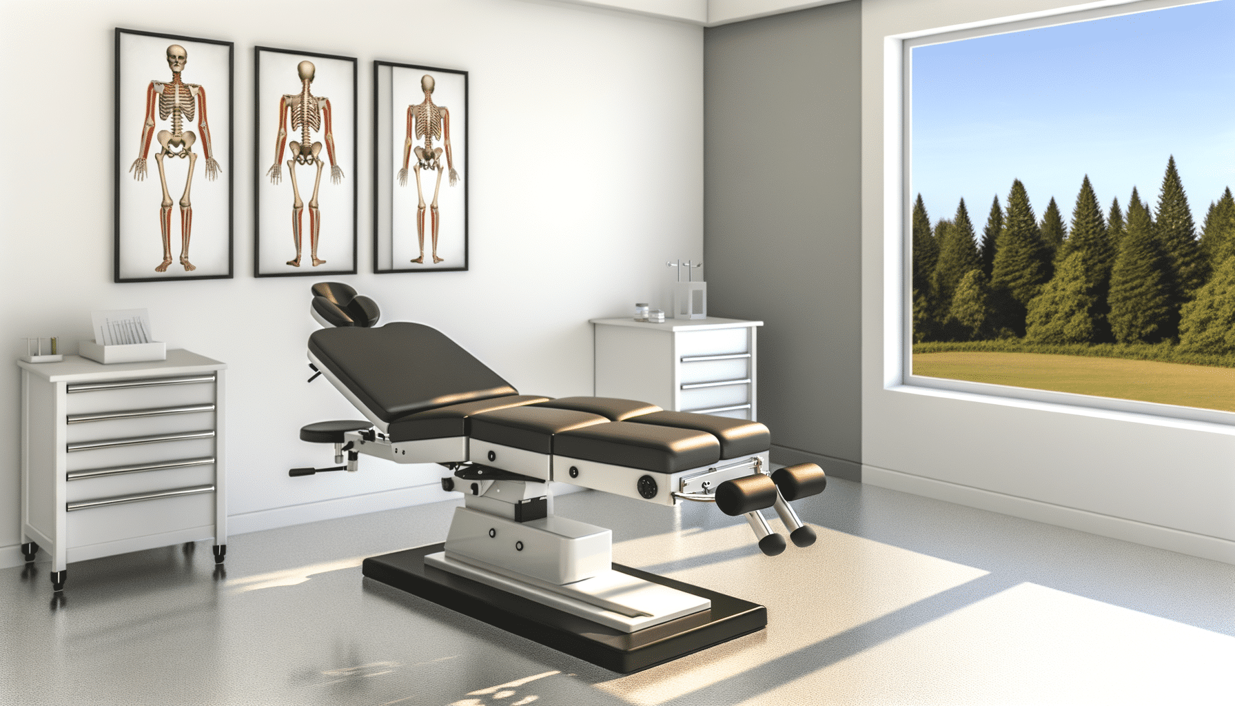 A medical examination room with a black exam table, anatomical posters on the wall, cabinets, and a window showing a forest view.