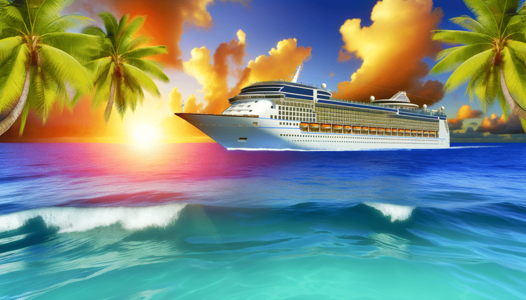 A cruise ship sails through a tropical ocean at sunset, framed by palm trees.