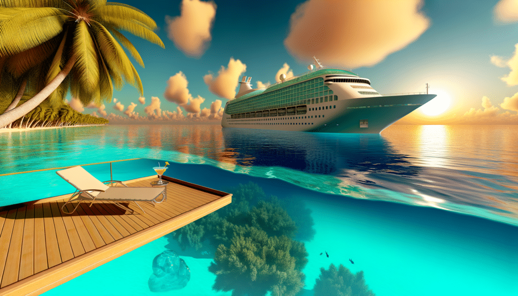 A tropical paradise with a beach, palm trees, a cruise ship by the sunset, a deck with a lounge chair, and a cocktail on a table. Coral reefs and fish are visible underwater.