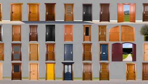 "A collage of various closed wooden doors in different styles and colors, with two open doors revealing outdoor scenes."