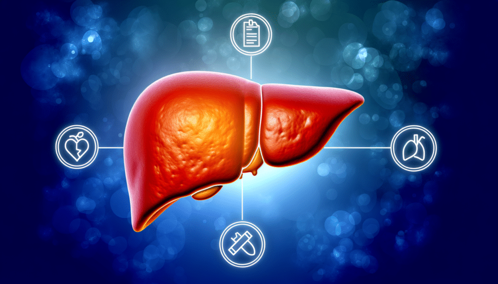 A human liver illustration with icons of a heart, document, lungs, and medicine around it.