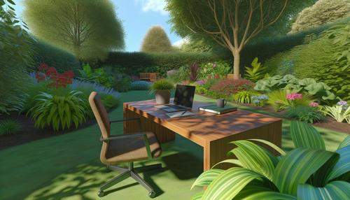 An outdoor home office setup with a desk, laptop, plant, notebook, and coffee mug in a lush garden.