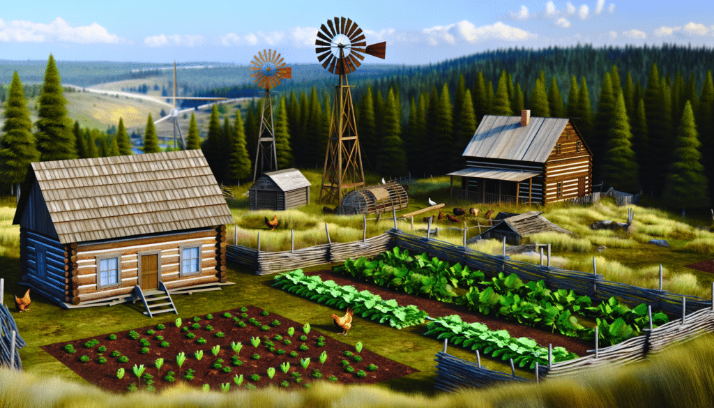 A rustic farm scene with two log cabins, vegetable gardens, chickens, and windmills, all set against a forested landscape and distant hills.