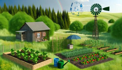 A cozy cottage, vegetable garden beds, a windmill, and a rainbow set in a lush green landscape with dense trees.