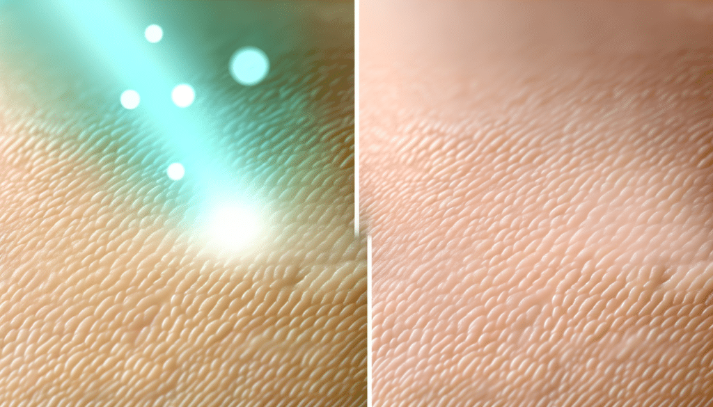 Close-up of skin texture, one side lit with a blue light and the other side in natural light.