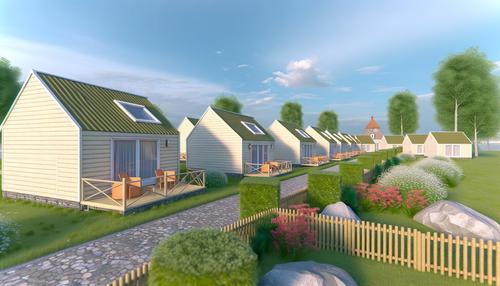 A row of small, modern, light-colored houses with green roofs, each with a front patio, surrounded by greenery and flower gardens, under a blue sky.