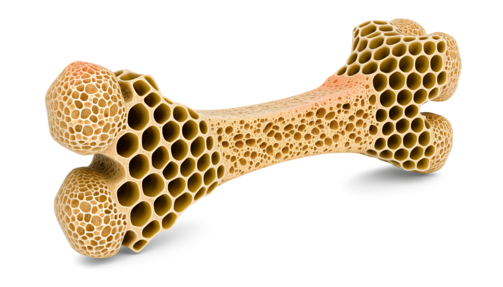 A close-up image of a human bone showing a honeycomb-like porous structure.