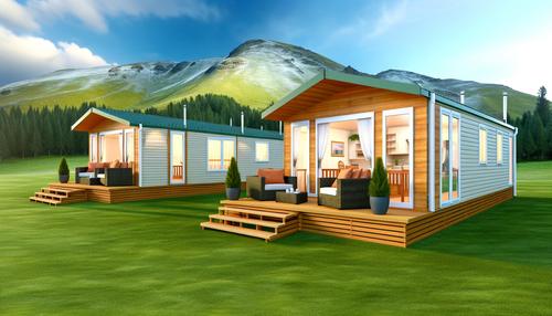 Two modern, small houses on green grass with a mountainous background, each house featuring a small porch with outdoor seating.