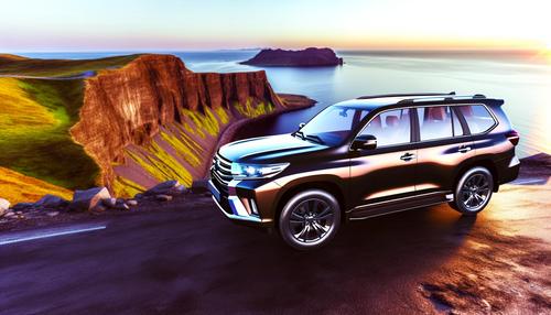 A black SUV is parked on a coastal cliff road at sunset, with the ocean and rocky cliffs in the background.