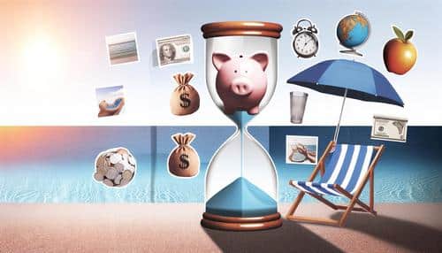 An hourglass with a piggy bank, money bags, and a deck chair under an umbrella by the beach scene. Various items like a globe, photos, coins, and a clock surround it.