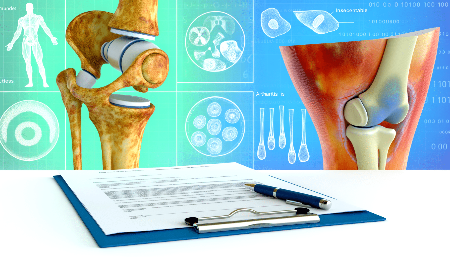 Illustration of a knee joint with medical diagrams and a clipboard with documents in the foreground.