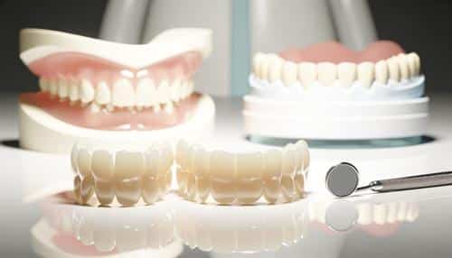 Several dental models of teeth and gums are displayed on a reflective surface with a dental mirror tool.