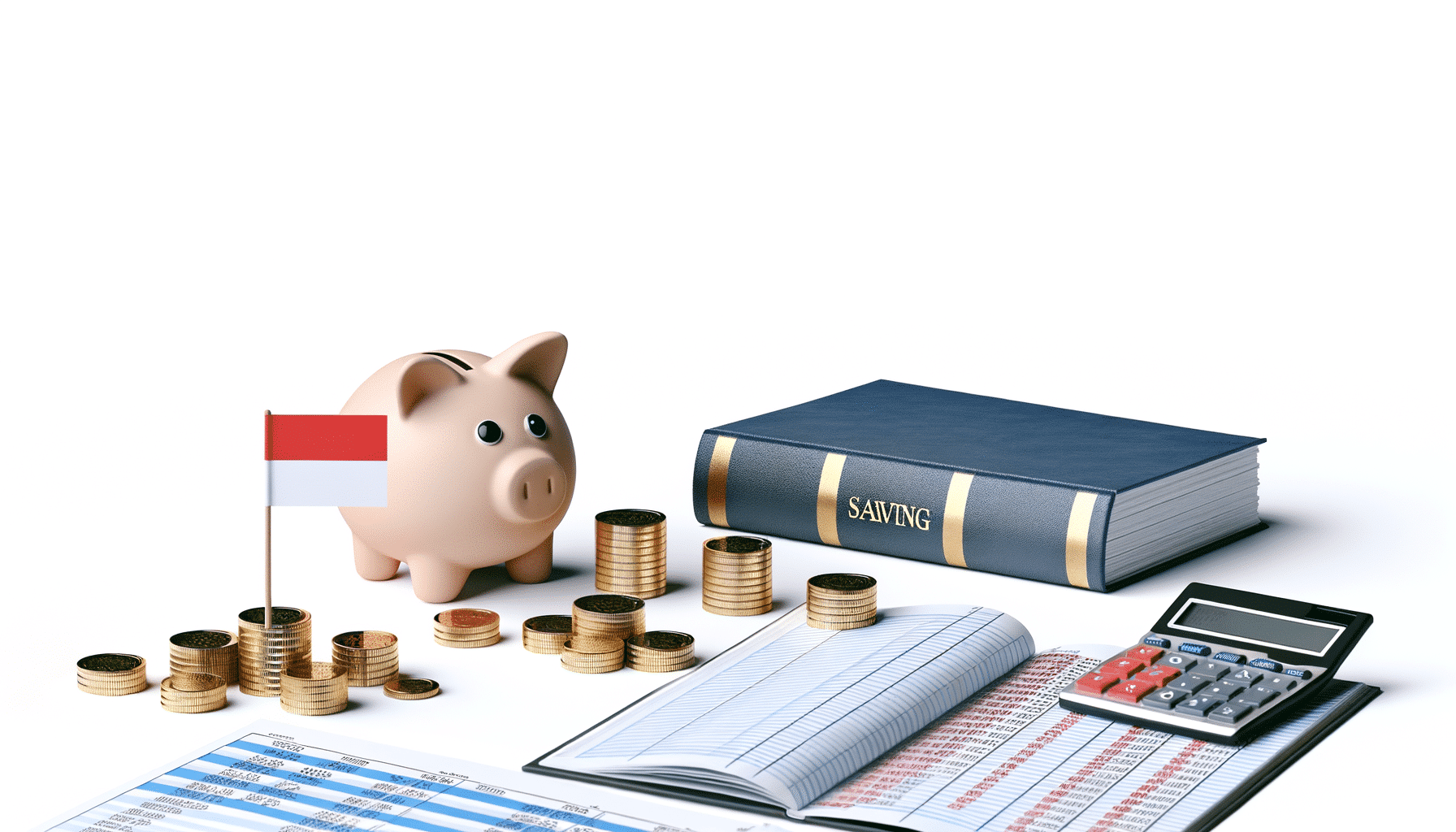 A piggy bank, stacked coins, a book titled "SAVING," a budget ledger, and a calculator.