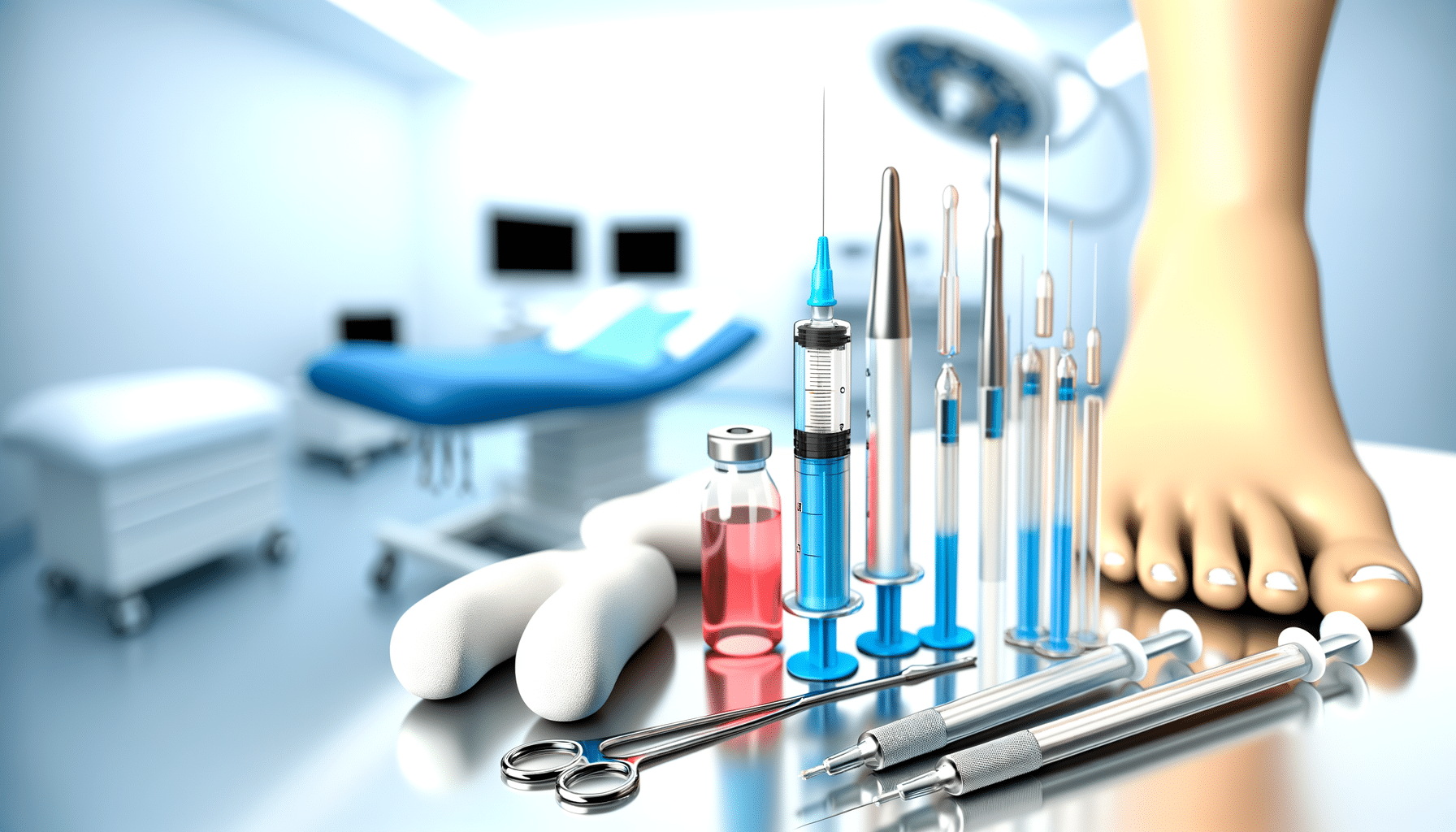 A medical room with surgical tools, syringes, a vial, and a human foot on a reflective surface in the foreground.