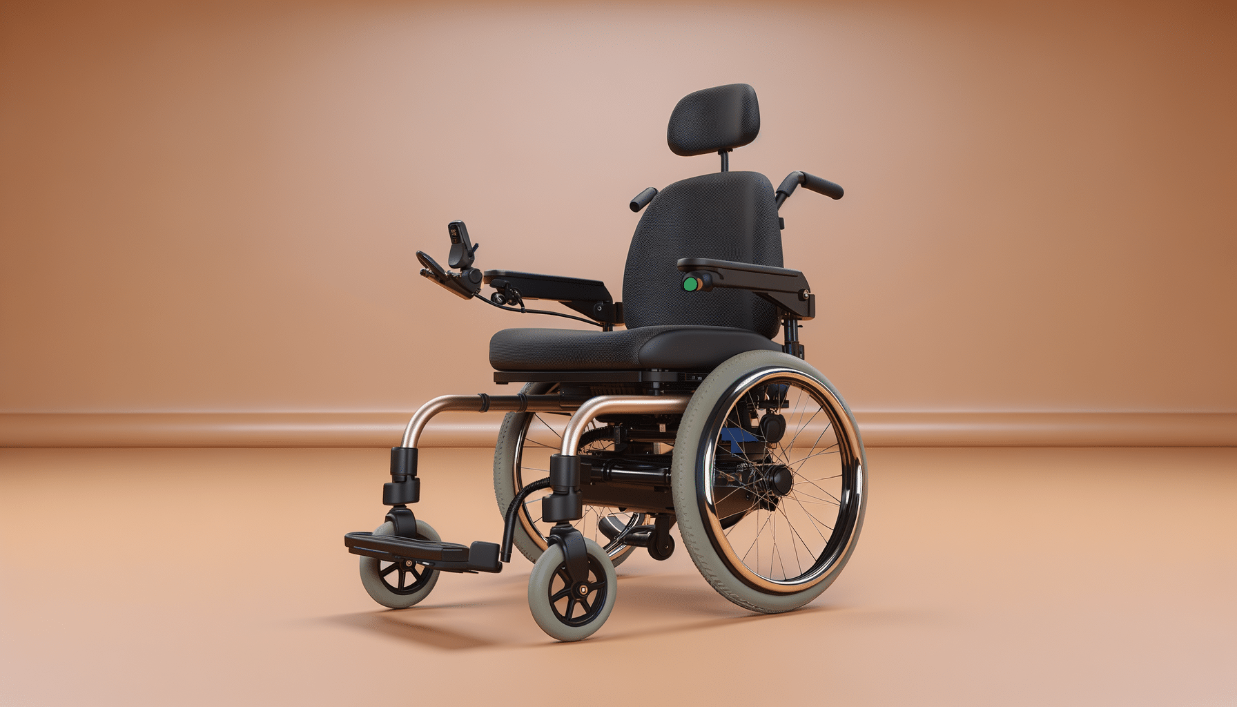 A modern electric wheelchair with a black seat, adjustable armrests, headrest, and large rear wheels.