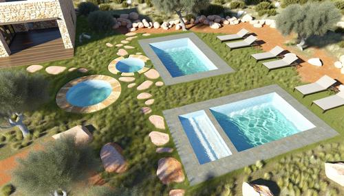 Two rectangular pools and one circular pool, surrounded by grass, rocks, lounge chairs, and trees.