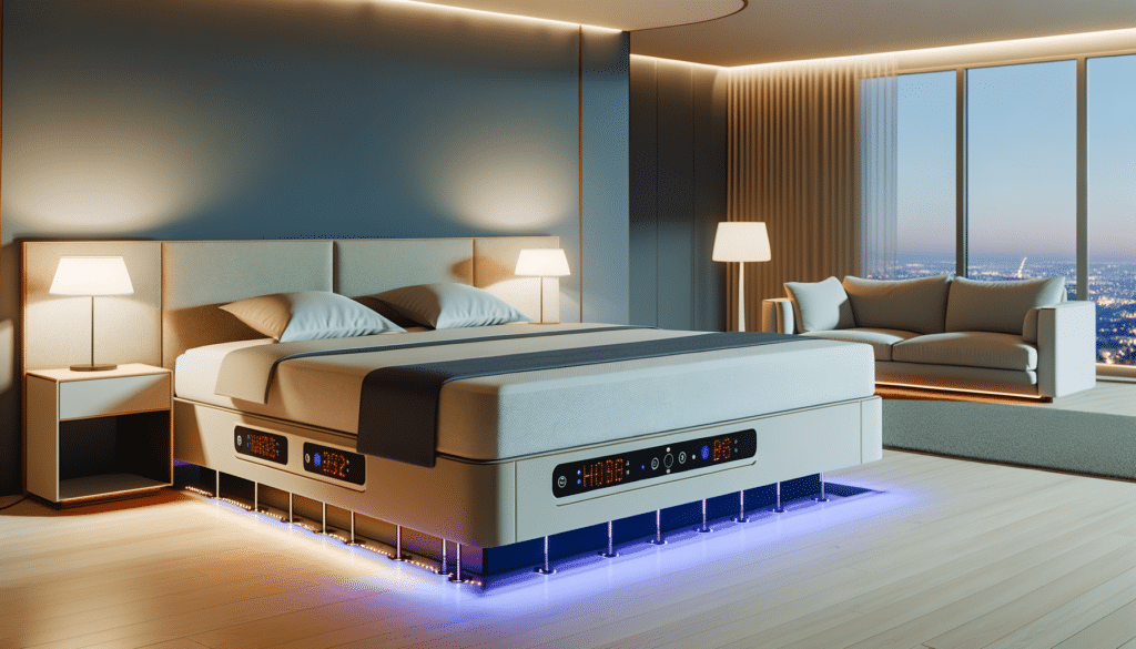 Modern bedroom with a large bed, two lamps on nightstands, a sofa, and a city view through floor-to-ceiling windows.