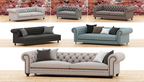 A selection of seven Chesterfield sofas in various colors and fabrics, displayed against a brick wall and wooden floor background.