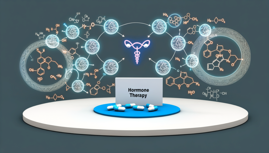 A sign reading "Hormone Therapy" with pills and molecular diagrams in the background.