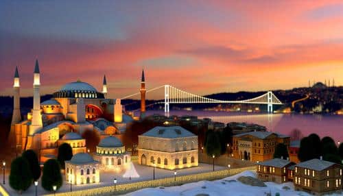 The image depicts a lit-up cityscape at sunset, featuring a prominent mosque with minarets, a modern suspension bridge, and surrounding buildings near a body of water.