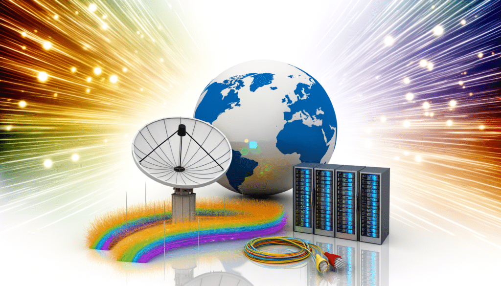 A globe, satellite dish, servers, and network cables with colorful light streaks in the background.