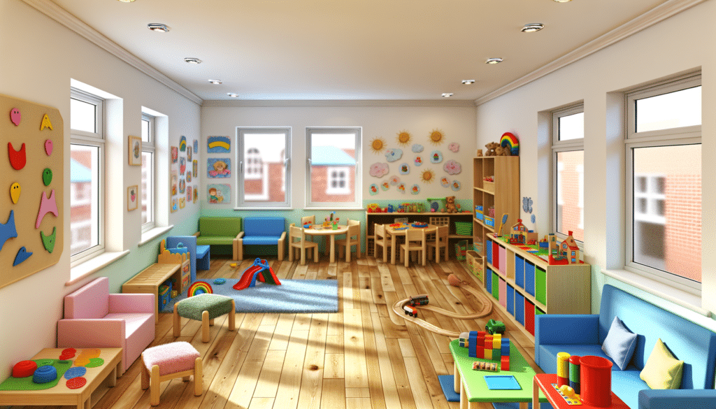 Bright and colorful daycare room with toys, small furniture, and wall decorations.