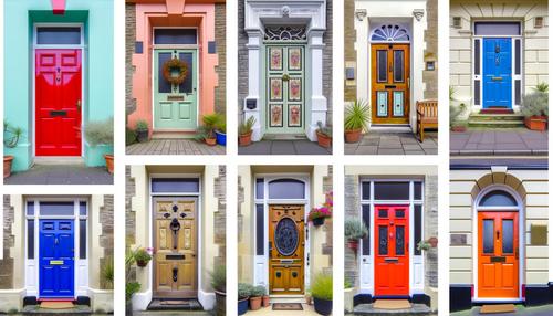 Ten vividly colored front doors with different designs and surrounding decor, arranged in a grid.