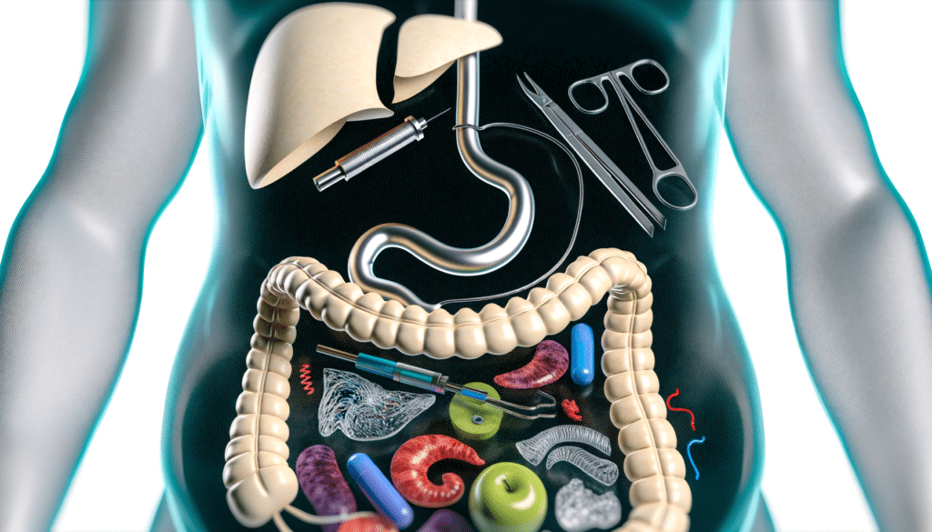 Illustration of a human torso showing internal organs, surgical tools, and medical items.