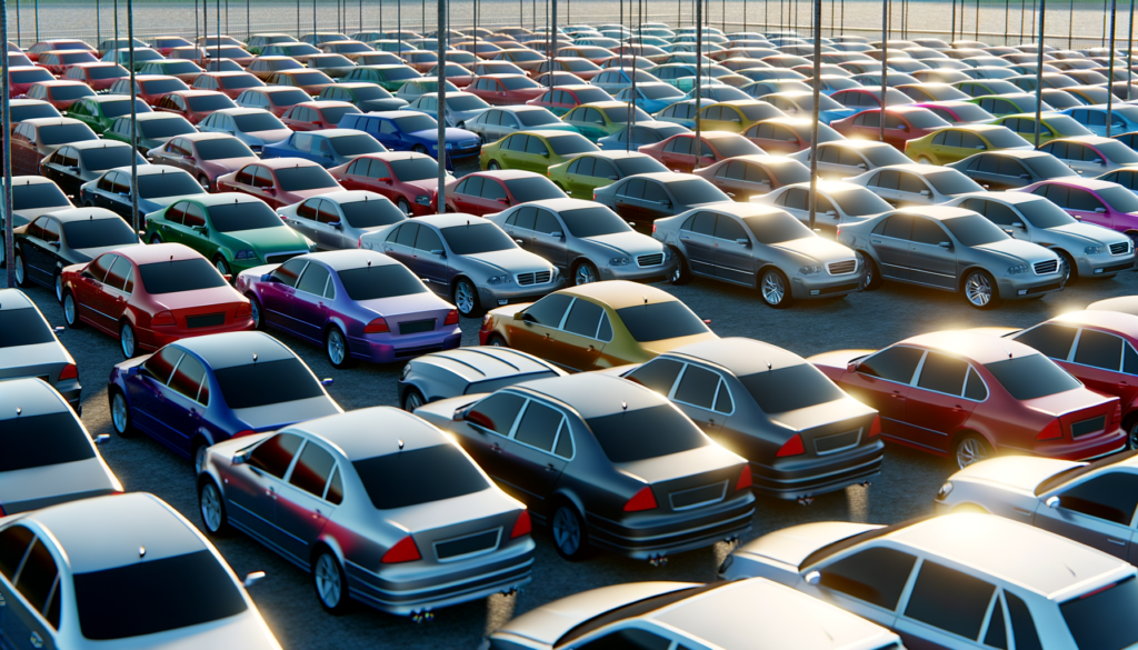 A large parking lot filled with rows of variously colored cars under sunlight.