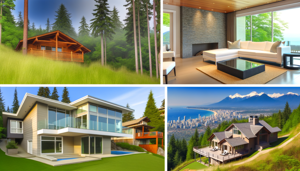 Collage of four images: a log cabin in a forest, modern living room with large windows, contemporary house with a pool, panoramic view of a city near mountains and ocean.