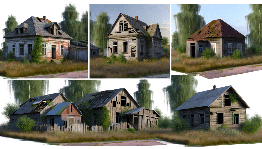 Collage of five abandoned, weathered wooden houses overgrown with grass and trees.