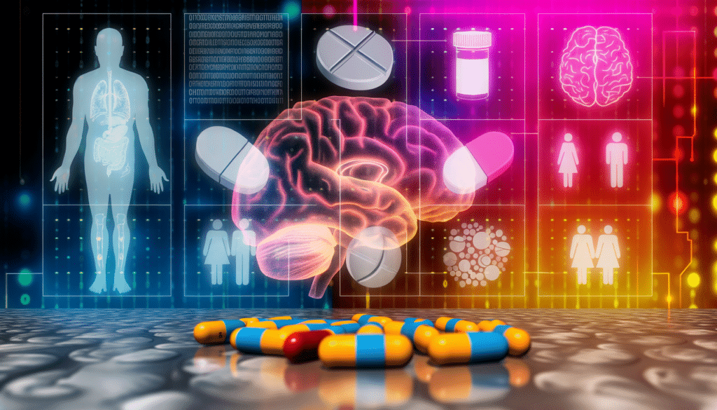 Futuristic medical scene with a glowing brain, human body outline, pills, and various health-related icons.