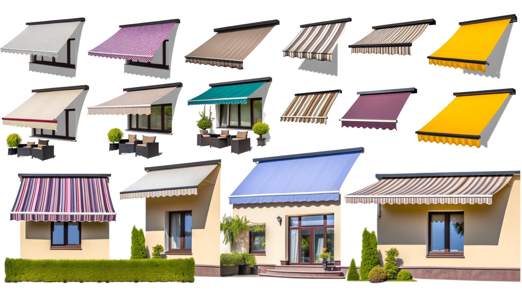 Various window and patio awnings in different colors and patterns displayed on building exteriors.