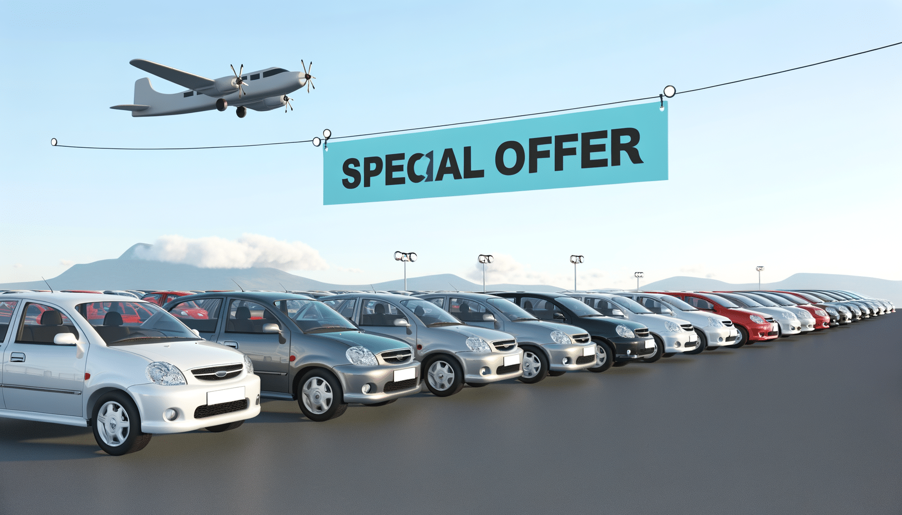 Cars lined up in a parking lot, with a plane flying overhead holding a "Special Offer" banner.