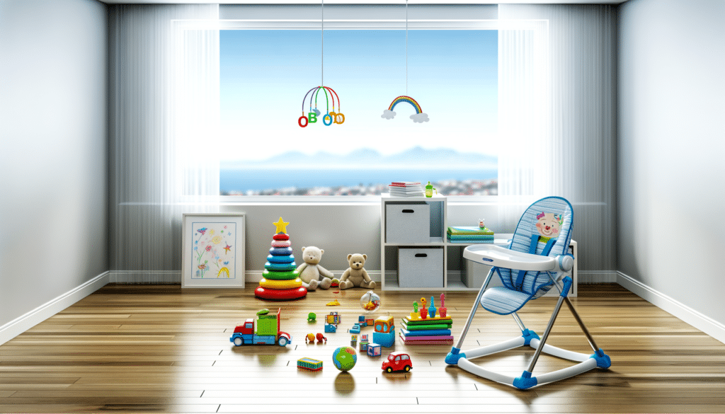 A bright nursery with wooden floors, toys scattered around, a high chair, stuffed bears, and a colorful stacking toy near a window with a view of mountains and the sea.