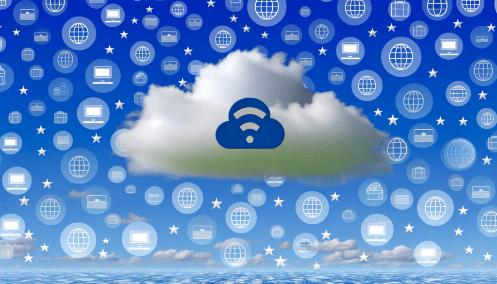 Cloud with a wifi symbol against a sky filled with various digital icons and stars.