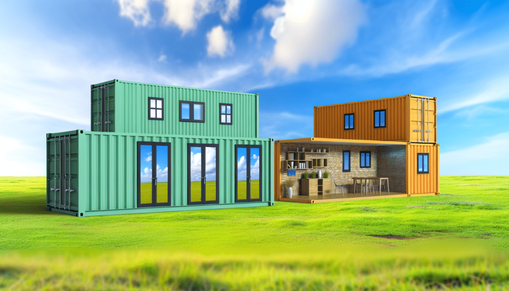 Two stacked shipping containers converted into modern buildings, set on a grassy field under a blue sky.