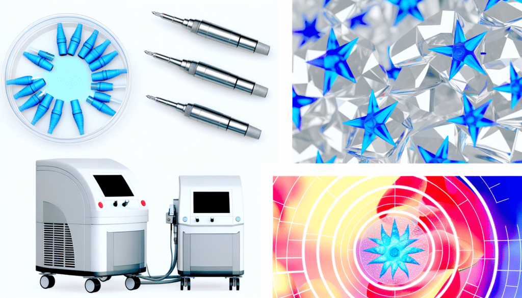 A collage of dental instruments, blue star crystals, laser equipment, and a colorful abstract pattern.