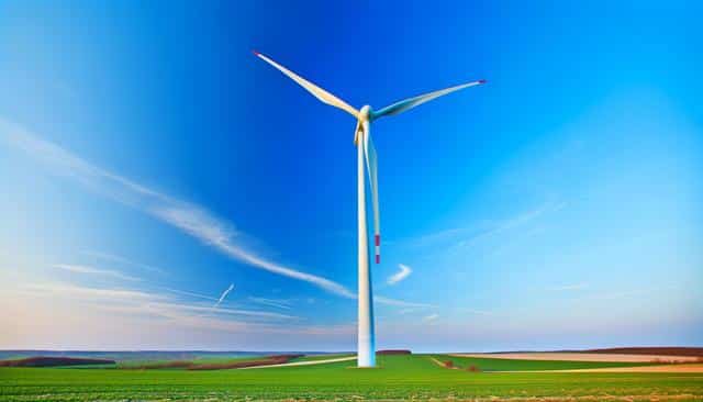 A single wind turbine stands in a green field under a clear blue sky.