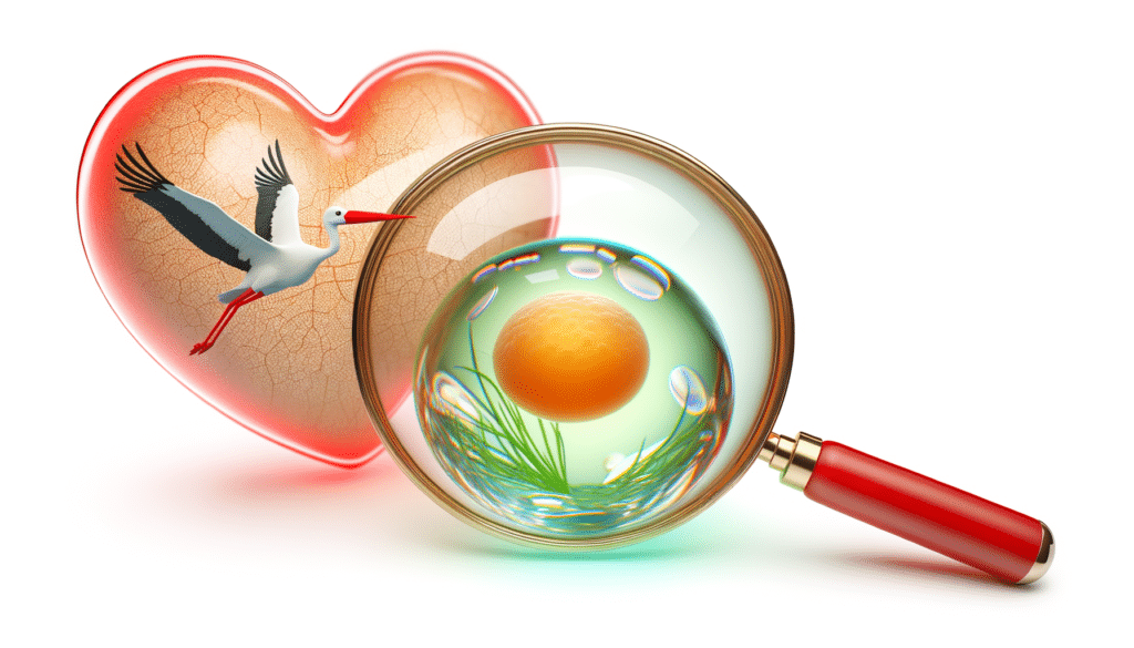 A flying stork near a cracked heart and a magnifying glass over a fertilized egg.