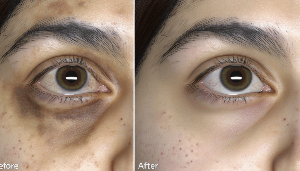 Close-up comparison of an eye, showing dark circles before and clearer skin after.