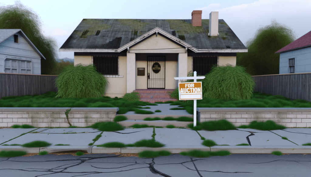 A small, old house with overgrown grass and a "For Auction" sign in front.