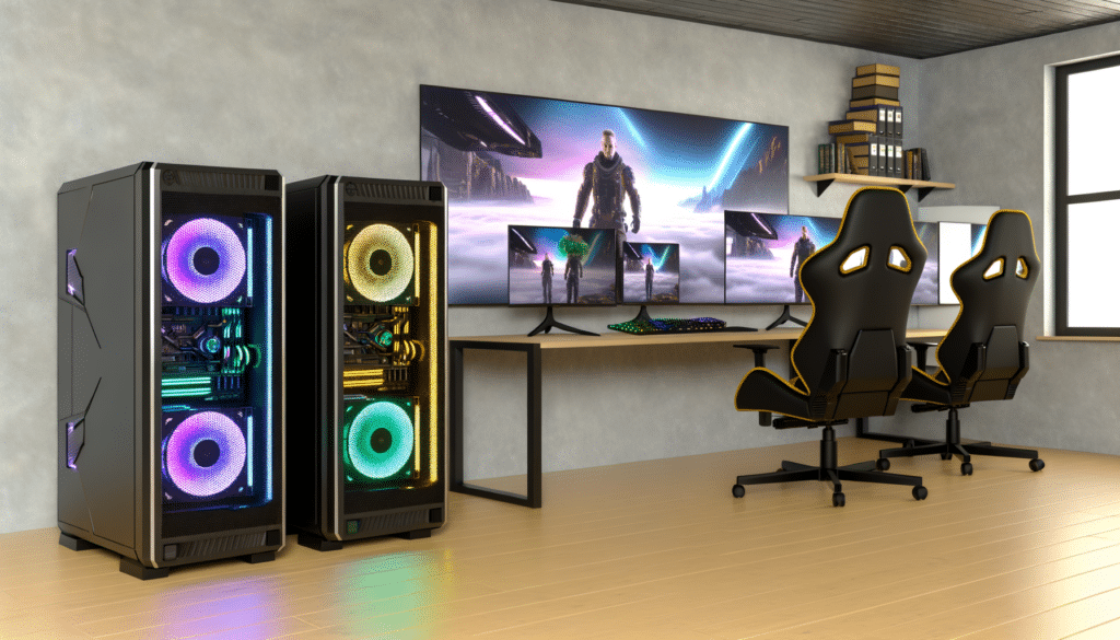 A modern gaming setup with two illuminated PC towers, dual monitors, gaming chairs, and a shelf with books above.