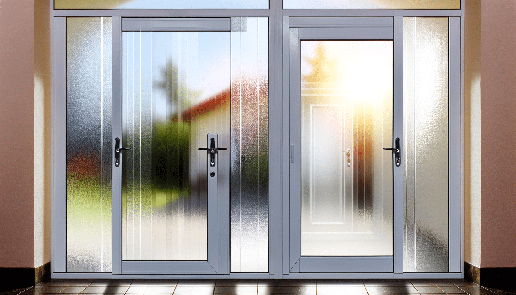 Frosted glass double doors with metal handles, reflecting soft sunlight.