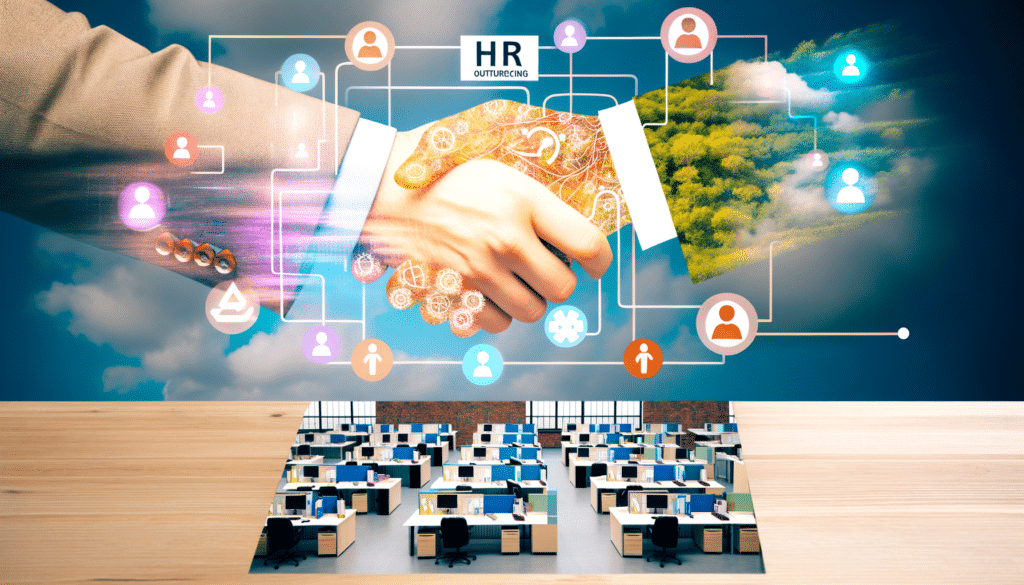 A digital collage showing a handshake, connected icons, and an open office layout, symbolizing HR outsourcing.