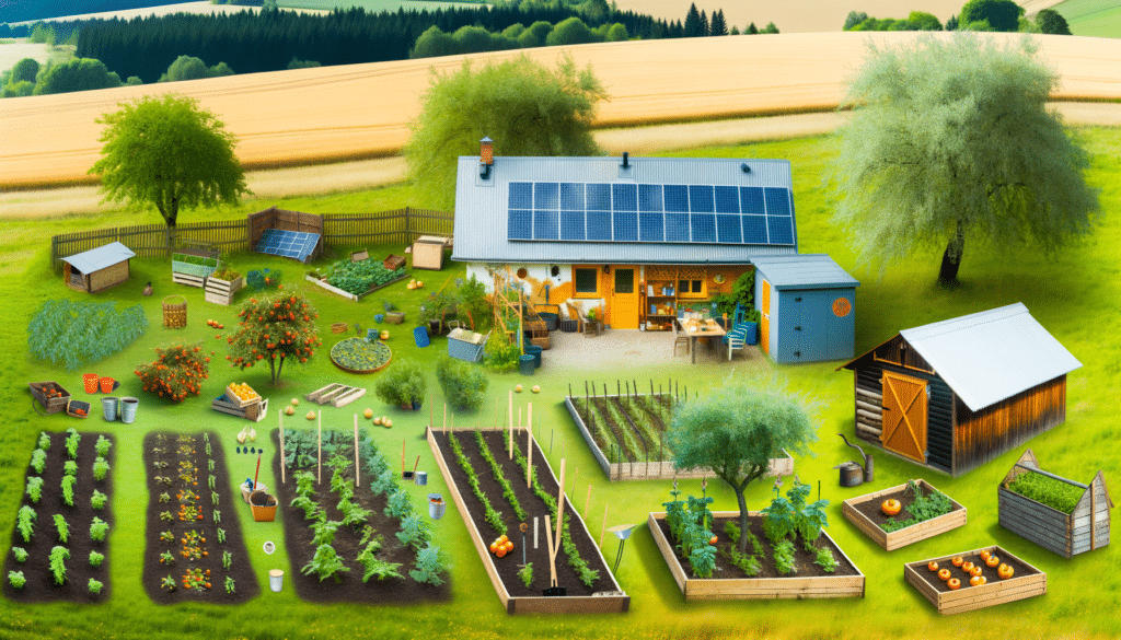 A lush garden with vegetable plots, fruit trees, a house with solar panels, and various garden tools scattered around.