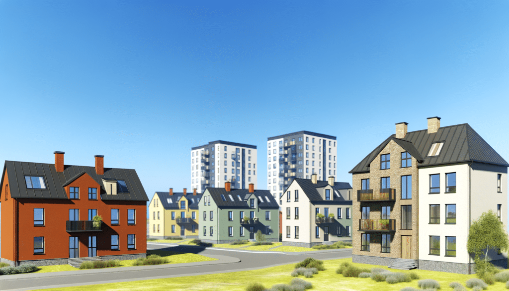 Cluster of colorful, modern houses with two tall apartment buildings in the background under a clear blue sky.